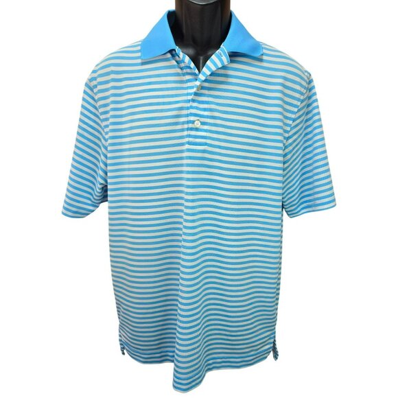 FootJoy FJ Mens Athletic Fit Blue Striped Lisle Golf Polo Medium - Picture 1 of 7